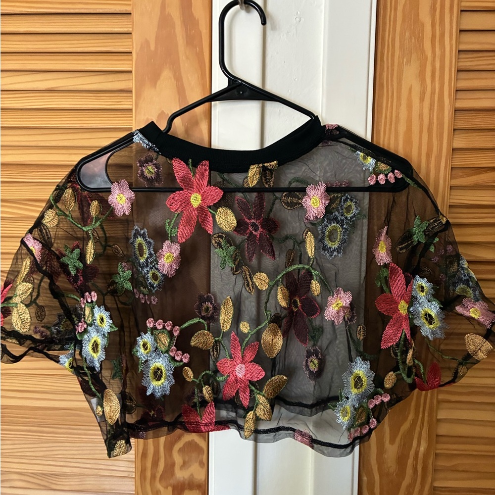 Floral Embroidered Sheer Black Crop Top size large
